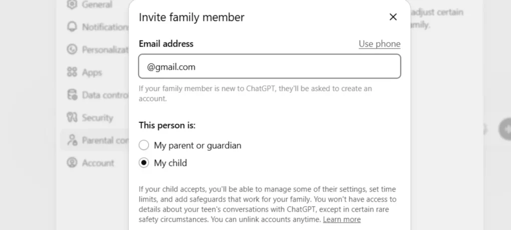 الرقابة الأبوية في شات جي بي تي